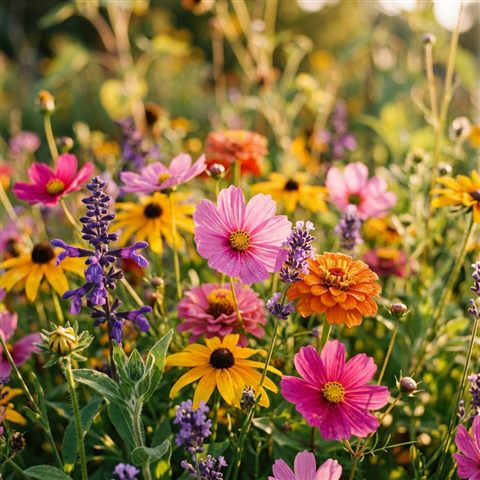Photorealistic photo of colorful flowers, close-up detail with shallow depth of field, warm golden light, calm mood, 1:1 aspect ratio