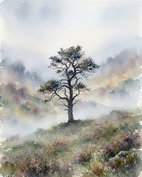 Watercolor illustration of foggy landscape, centered subject with a simple uncluttered composition, misty morning haze, dreamy, 4:5 aspect ratio