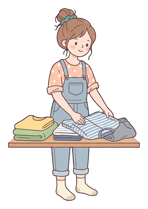 Simple cute flat cartoon illustration with soft pastel colors and thin clean dark outlines of a young woman, person folding laundry into neat piles, transparent background PNG