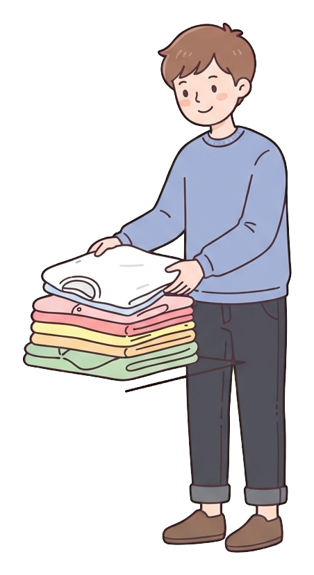 Simple cute flat cartoon illustration with soft pastel colors and thin clean dark outlines of a young man, person folding laundry into neat piles, transparent background PNG