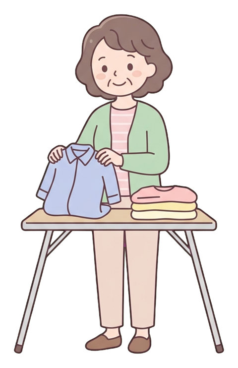 Simple cute flat cartoon illustration with soft pastel colors and thin clean dark outlines of a middle-aged woman, person folding laundry into neat piles, transparent background PNG