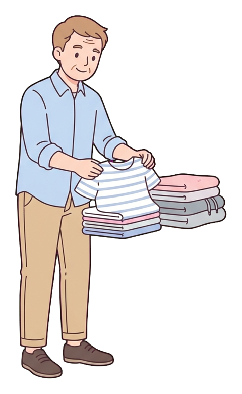Simple cute flat cartoon illustration with soft pastel colors and thin clean dark outlines of a middle-aged man, person folding laundry into neat piles, transparent background PNG