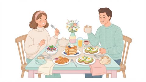 Flat vector illustration on a plain white background of delicious food dishes, cheerful scene with gentle details, soft pastel colors, bright and cozy, 16:9 aspect ratio