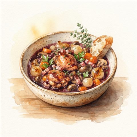 Watercolor illustration on a plain white background of delicious food dishes, isolated single subject, centered, warm golden light, calm mood, 1:1 aspect ratio