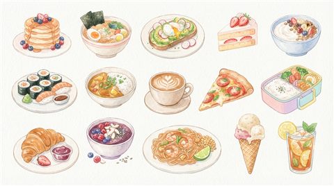 Watercolor illustration on a plain white background of delicious food dishes, simple icon-like composition, soft pastel colors, bright and cozy, 16:9 aspect ratio