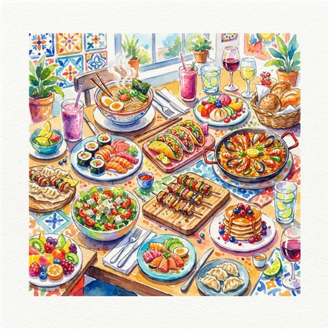 Watercolor illustration on a plain white background of delicious food dishes, cheerful scene with gentle details, vivid colors, high contrast, energetic, 1:1 aspect ratio