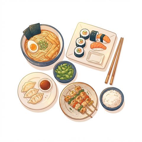 Flat vector illustration on a plain white background of delicious food dishes, small set of several items arranged neatly, warm golden light, calm mood, 1:1 aspect ratio