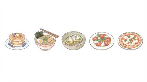 Simple line art with soft colors on a plain white background of delicious food dishes, isolated single subject, centered, soft pastel colors, bright and cozy, 16:9 aspect ratio