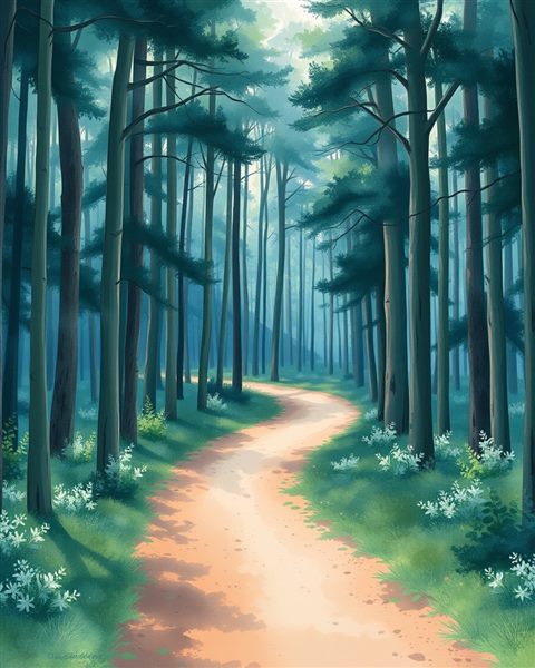 Watercolor illustration of A tranquil dirt path winding through a dense green forest with soft sunlight filtering through the tall trees., centered subject with a simple uncluttered composition, cool blue tones, quiet atmosphere, 4:5 aspect ratio