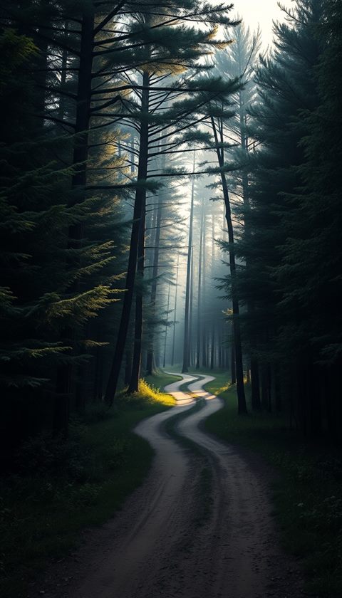 Photorealistic photo of A tranquil dirt path winding through a dense green forest with soft sunlight filtering through the tall trees., wide shot with open space at the top for text, moody dark tones, dramatic lighting, 9:16 aspect ratio