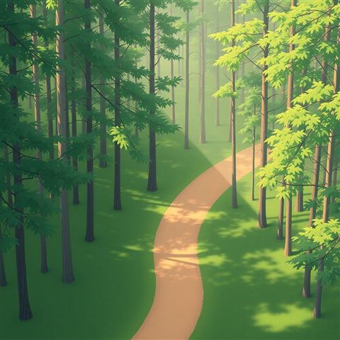 Minimal flat illustration of A tranquil dirt path winding through a dense green forest with soft sunlight filtering through the tall trees., high-angle view from above, soft pastel colors, bright and cozy, 1:1 aspect ratio