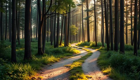 Photorealistic photo of A tranquil dirt path winding through a dense green forest with soft sunlight filtering through the tall trees., close-up detail with shallow depth of field, warm golden light, calm mood, 16:9 aspect ratio