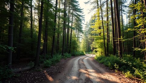 Cinematic film still of A tranquil dirt path winding through a dense green forest with soft sunlight filtering through the tall trees., wide shot with open space at the top for text, vivid colors, high contrast, energetic, 16:9 aspect ratio