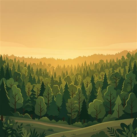 Minimal flat illustration of dense green forest, wide shot with open space at the top for text, warm golden light, calm mood, 1:1 aspect ratio