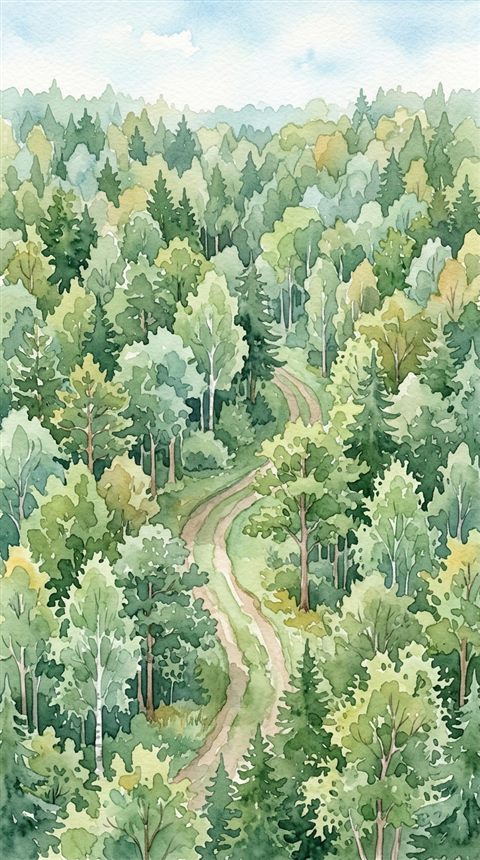 Watercolor illustration of dense green forest, high-angle view from above, soft pastel colors, bright and cozy, 9:16 aspect ratio