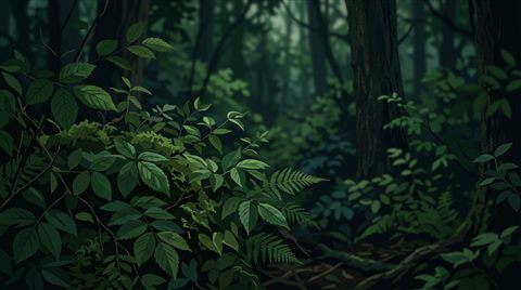 Minimal flat illustration of dense green forest, close-up detail with shallow depth of field, moody dark tones, dramatic lighting, 16:9 aspect ratio
