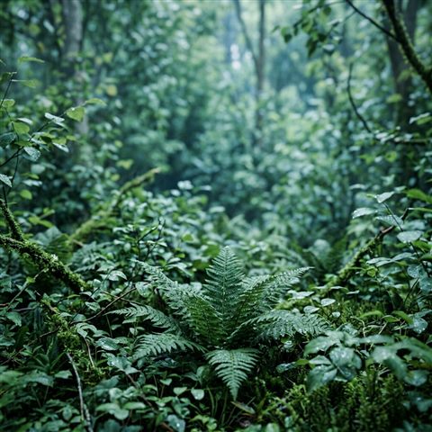 Soft 3d render of dense green forest, close-up detail with shallow depth of field, cool blue tones, quiet atmosphere, 1:1 aspect ratio