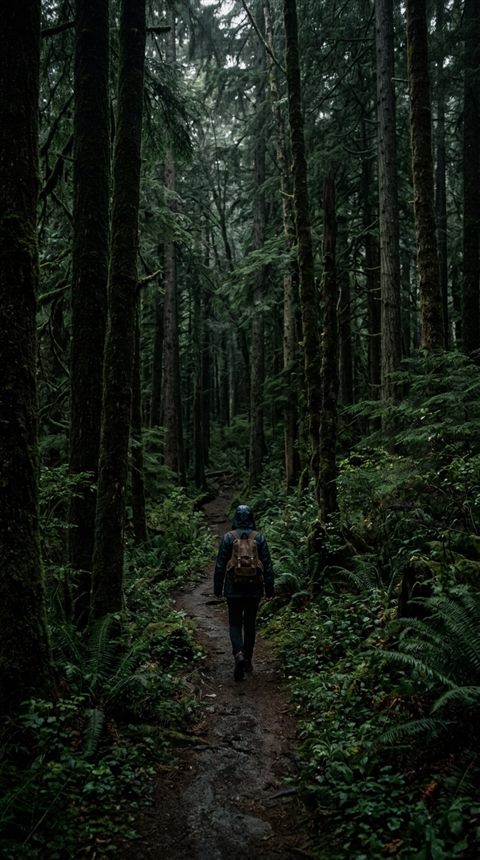 Cinematic film still of dense green forest, centered subject with a simple uncluttered composition, moody dark tones, dramatic lighting, 9:16 aspect ratio