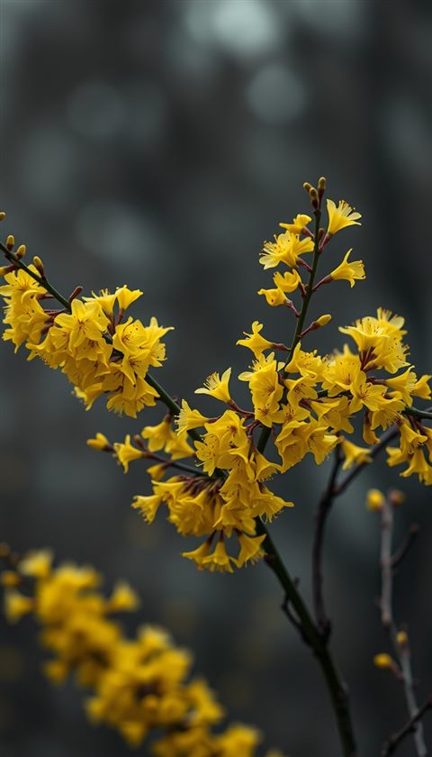 Photorealistic photo of Bright yellow spring bell-like flowers blooming densely on slender branches against a soft blurred background., centered subject with a simple uncluttered composition, moody dark tones, dramatic lighting, 9:16 aspect ratio