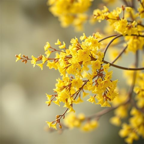 Soft 3D render of Bright yellow spring bell-like flowers blooming densely on slender branches against a soft blurred background., close-up detail with shallow depth of field, misty morning haze, dreamy, 1:1 aspect ratio