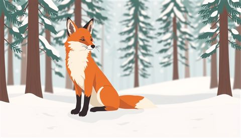 Minimal flat illustration of A wild red fox sitting alert and gracefully in a snowy pine forest, close-up detail with shallow depth of field, soft pastel colors, bright and cozy, 16:9 aspect ratio