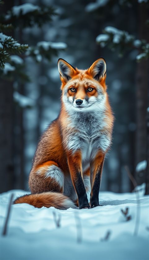 Cinematic film still of A wild red fox sitting alert and gracefully in a snowy pine forest, wide shot with open space at the top for text, vivid colors, high contrast, energetic, 9:16 aspect ratio