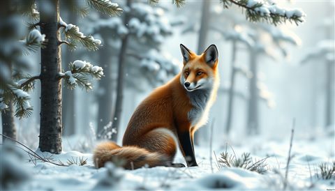 Soft 3D render of A wild red fox sitting alert and gracefully in a snowy pine forest, close-up detail with shallow depth of field, misty morning haze, dreamy, 16:9 aspect ratio