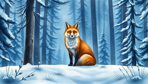 Watercolor illustration of A wild red fox sitting alert and gracefully in a snowy pine forest, wide shot with open space at the top for text, cool blue tones, quiet atmosphere, 16:9 aspect ratio
