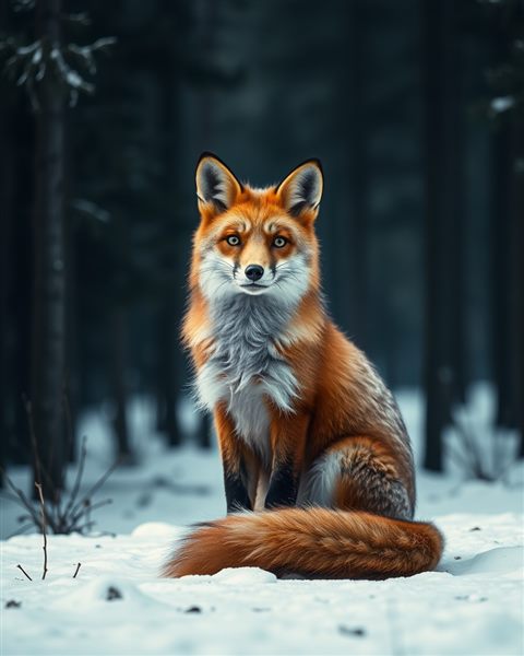 Photorealistic photo of A wild red fox sitting alert and gracefully in a snowy pine forest, centered subject with a simple uncluttered composition, moody dark tones, dramatic lighting, 4:5 aspect ratio