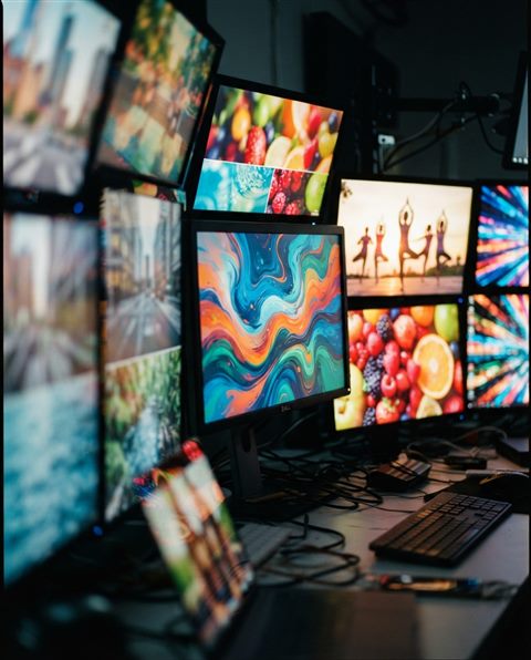 Cinematic film still of a diverse collection of vibrant stock photos displayed on digital screens, close-up detail with shallow depth of field, vivid colors, high contrast, energetic, 4:5 aspect ratio