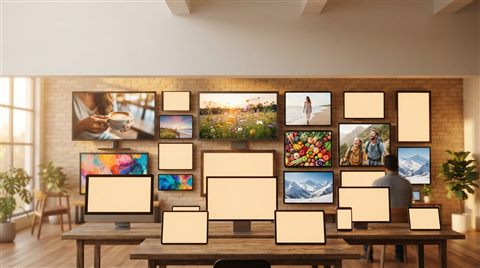 Photorealistic photo of a diverse collection of vibrant stock photos displayed on digital screens, wide shot with open space at the top for text, warm golden light, calm mood, 16:9 aspect ratio