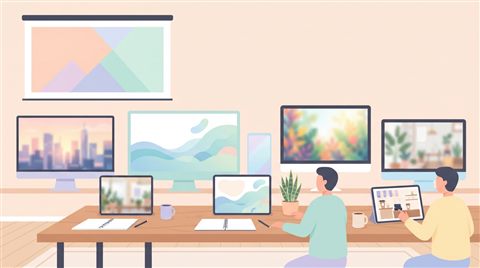 Minimal flat illustration of a diverse collection of vibrant stock photos displayed on digital screens, wide shot with open space at the top for text, soft pastel colors, bright and cozy, 16:9 aspect ratio