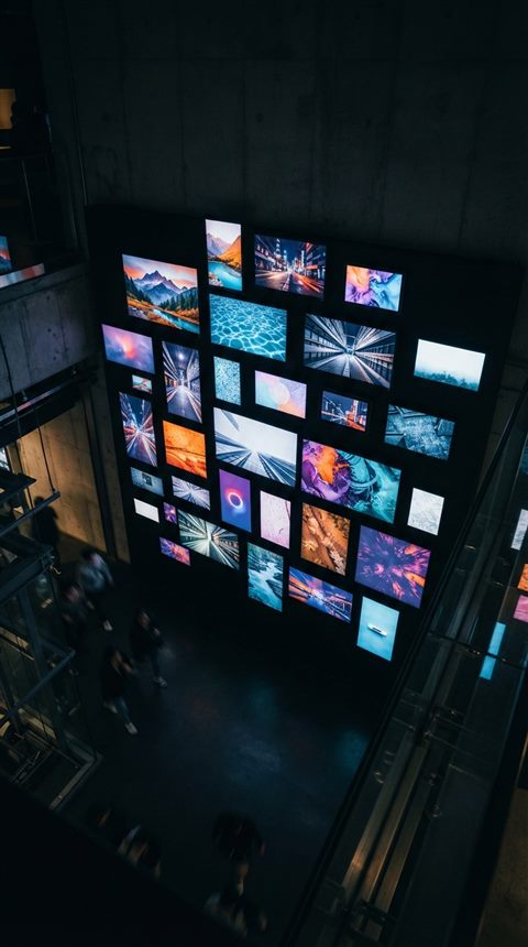 Photorealistic photo of a diverse collection of vibrant stock photos displayed on digital screens, high-angle view from above, moody dark tones, dramatic lighting, 9:16 aspect ratio