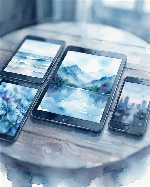 Watercolor illustration of a diverse collection of vibrant stock photos displayed on digital screens, close-up detail with shallow depth of field, cool blue tones, quiet atmosphere, 4:5 aspect ratio