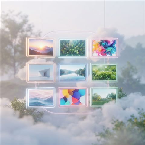 Soft 3D render of a diverse collection of vibrant stock photos displayed on digital screens, centered subject with a simple uncluttered composition, misty morning haze, dreamy, 1:1 aspect ratio