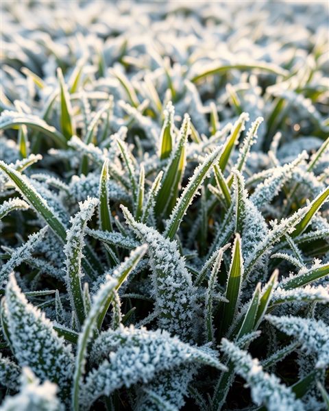 Cinematic film still of Intricate white frost crystals covering green grass leaves on a cold winter morning, wide shot with open space at the top for text, vivid colors, high contrast, energetic, 4:5 aspect ratio