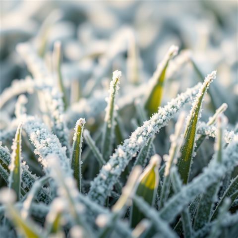 Soft 3D render of Intricate white frost crystals covering green grass leaves on a cold winter morning, close-up detail with shallow depth of field, misty morning haze, dreamy, 1:1 aspect ratio