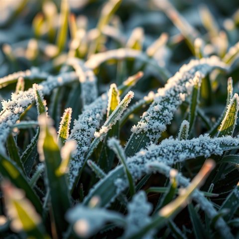 Photorealistic photo of Intricate white frost crystals covering green grass leaves on a cold winter morning, close-up detail with shallow depth of field, warm golden light, calm mood, 1:1 aspect ratio