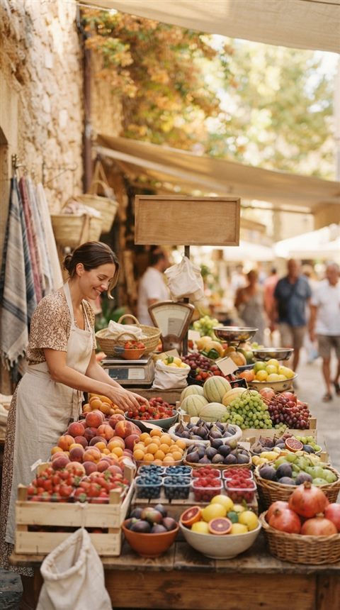 Cinematic film still of colorful fresh fruits, wide shot with open space at the top for text, soft pastel colors, bright and cozy, 9:16 aspect ratio