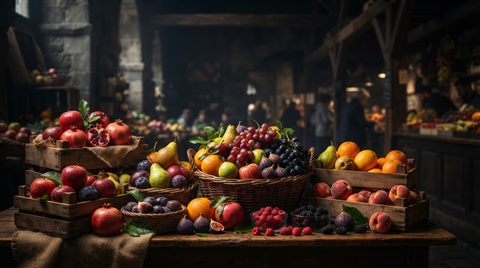 Photorealistic photo of colorful fresh fruits, wide shot with open space at the top for text, moody dark tones, dramatic lighting, 16:9 aspect ratio