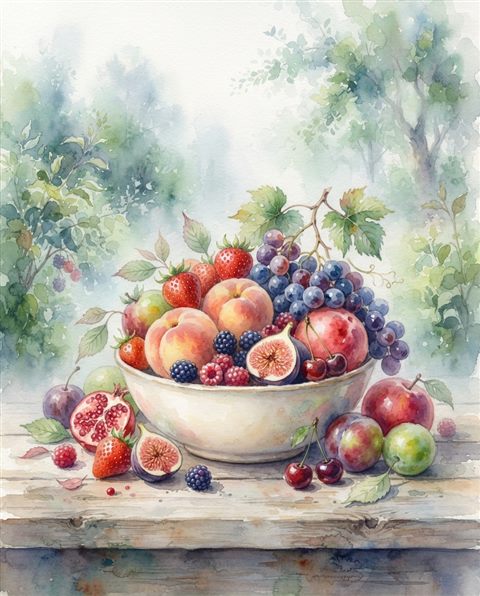Watercolor illustration of colorful fresh fruits, centered subject with a simple uncluttered composition, misty morning haze, dreamy, 4:5 aspect ratio