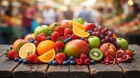 Photorealistic photo of colorful fresh fruits, centered subject with a simple uncluttered composition, vivid colors, high contrast, energetic, 16:9 aspect ratio