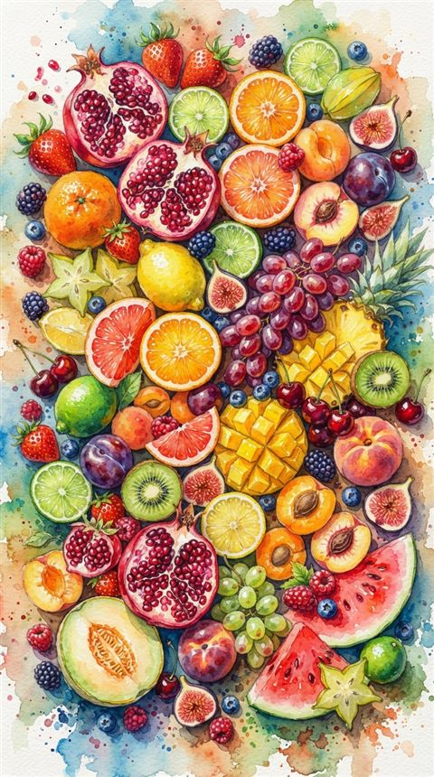 Watercolor illustration of colorful fresh fruits, high-angle view from above, vivid colors, high contrast, energetic, 9:16 aspect ratio
