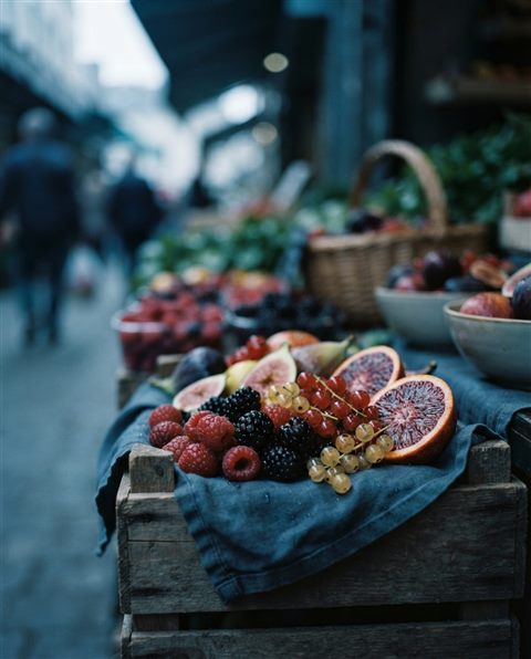 Cinematic film still of colorful fresh fruits, close-up detail with shallow depth of field, cool blue tones, quiet atmosphere, 4:5 aspect ratio