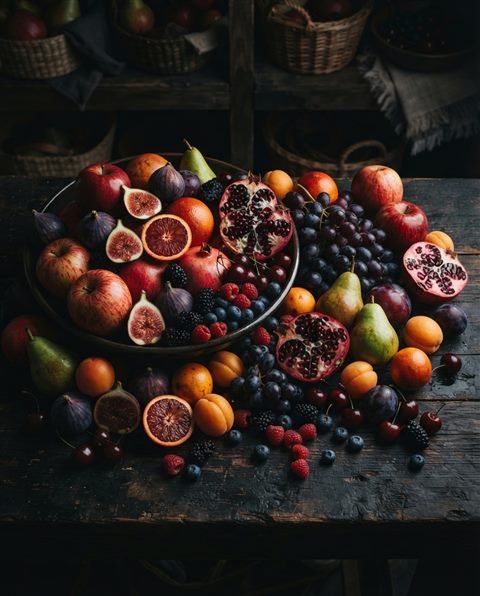 Cinematic film still of colorful fresh fruits, high-angle view from above, moody dark tones, dramatic lighting, 4:5 aspect ratio