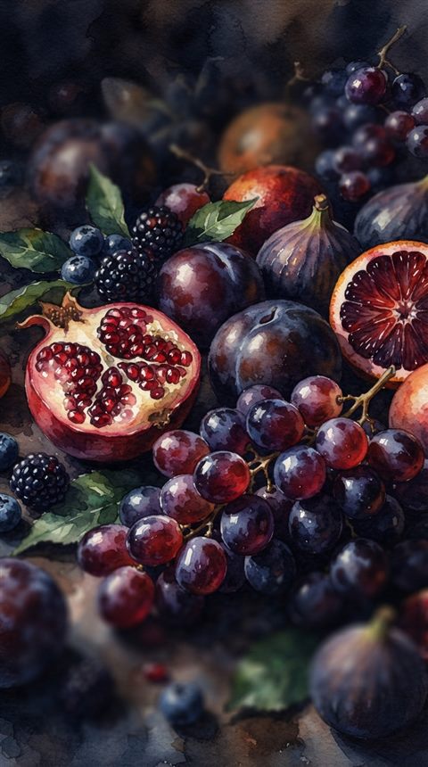 Watercolor illustration of colorful fresh fruits, close-up detail with shallow depth of field, moody dark tones, dramatic lighting, 9:16 aspect ratio