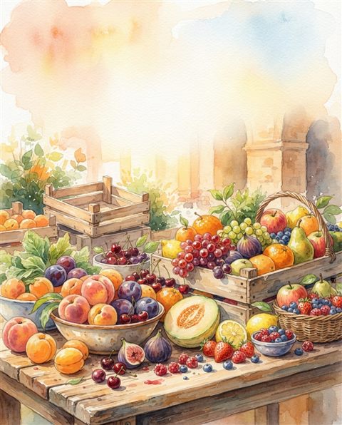 Watercolor illustration of colorful fresh fruits, wide shot with open space at the top for text, warm golden light, calm mood, 4:5 aspect ratio