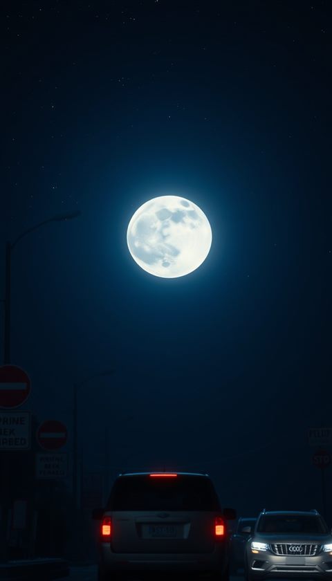 Photorealistic photo of A glowing bright full moon shining in a dark indigo night sky filled with distant stars, centered subject with a simple uncluttered composition, moody dark tones, dramatic lighting, 9:16 aspect ratio