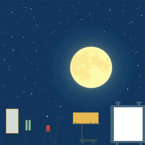 Minimal flat illustration of A glowing bright full moon shining in a dark indigo night sky filled with distant stars, close-up detail with shallow depth of field, soft pastel colors, bright and cozy, 1:1 aspect ratio