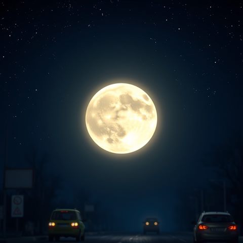 Soft 3D render of A glowing bright full moon shining in a dark indigo night sky filled with distant stars, close-up detail with shallow depth of field, misty morning haze, dreamy, 1:1 aspect ratio